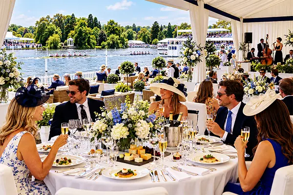 Boaters Enclosure marquee at Henley Royal Regatta, beside the start line