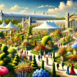 Chelsea Flower Show 2026 at the Royal Hospital Chelsea, featuring stunning floral displays, artistic garden designs, and elegantly dressed visitors under a bright blue sky
