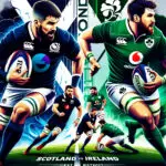 Scotland versus Ireland rugby match illustration.