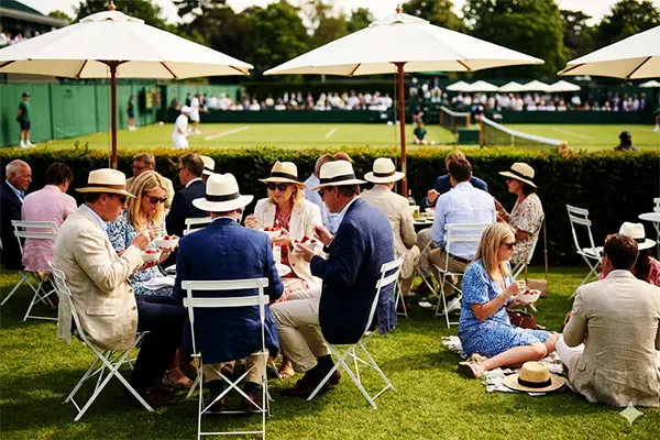 Spectators enjoying the traditional atmosphere on the grounds during the Wimbledon Tennis Championships Spectators enjoying the traditional atmosphere on the grounds during the Wimbledon Tennis Championships