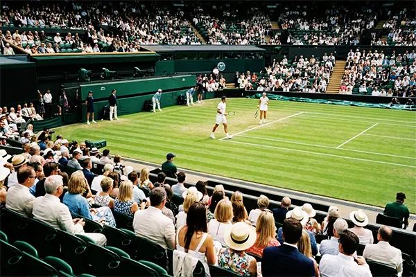 Centre Court at the Wimbledon Tennis Championships with players warming up and spectators in the stands