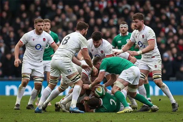 International rugby match action during the Six Nations Championship
