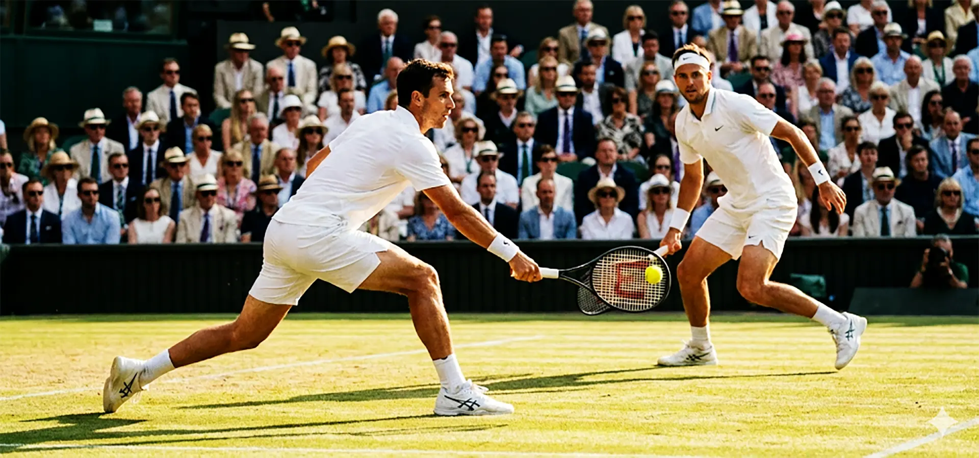 Action during a grass-court match at the Wimbledon Tennis Championships on Centre Court with players in mid-rally