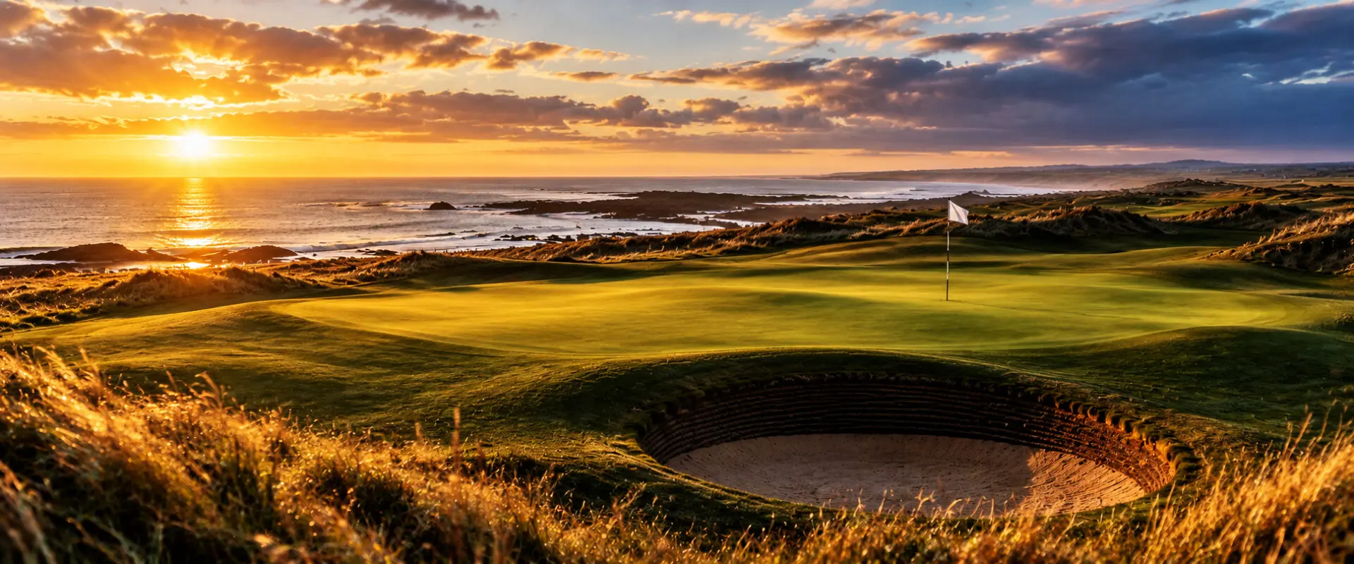 A links golf course at sunset, with a putting green, a deep pot bunker and the sea beyond