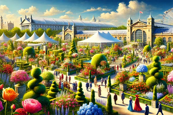 Chelsea Flower Show 2025 at the Royal Hospital Chelsea, featuring stunning floral displays, artistic garden designs, and elegantly dressed visitors under a bright blue sky
